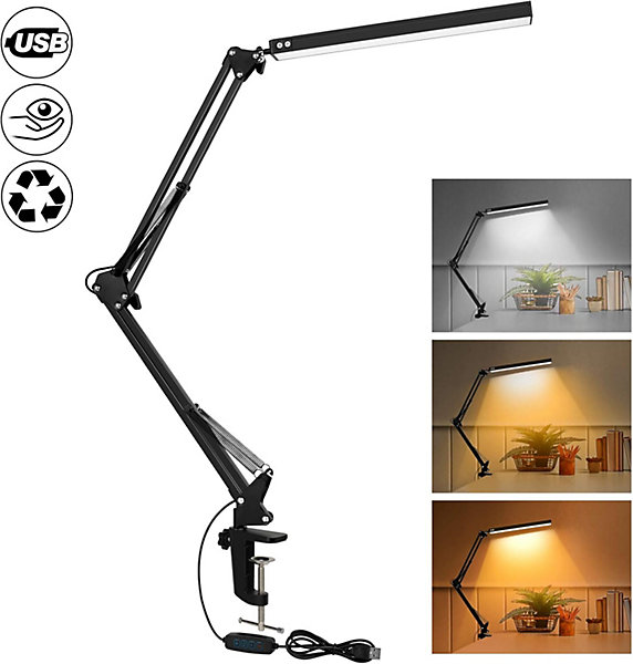 BASHLWUA Lampe de bureau LED noire puissante avec clip - Lumière LED pour le soin des yeux - 3 modes d'éclairage