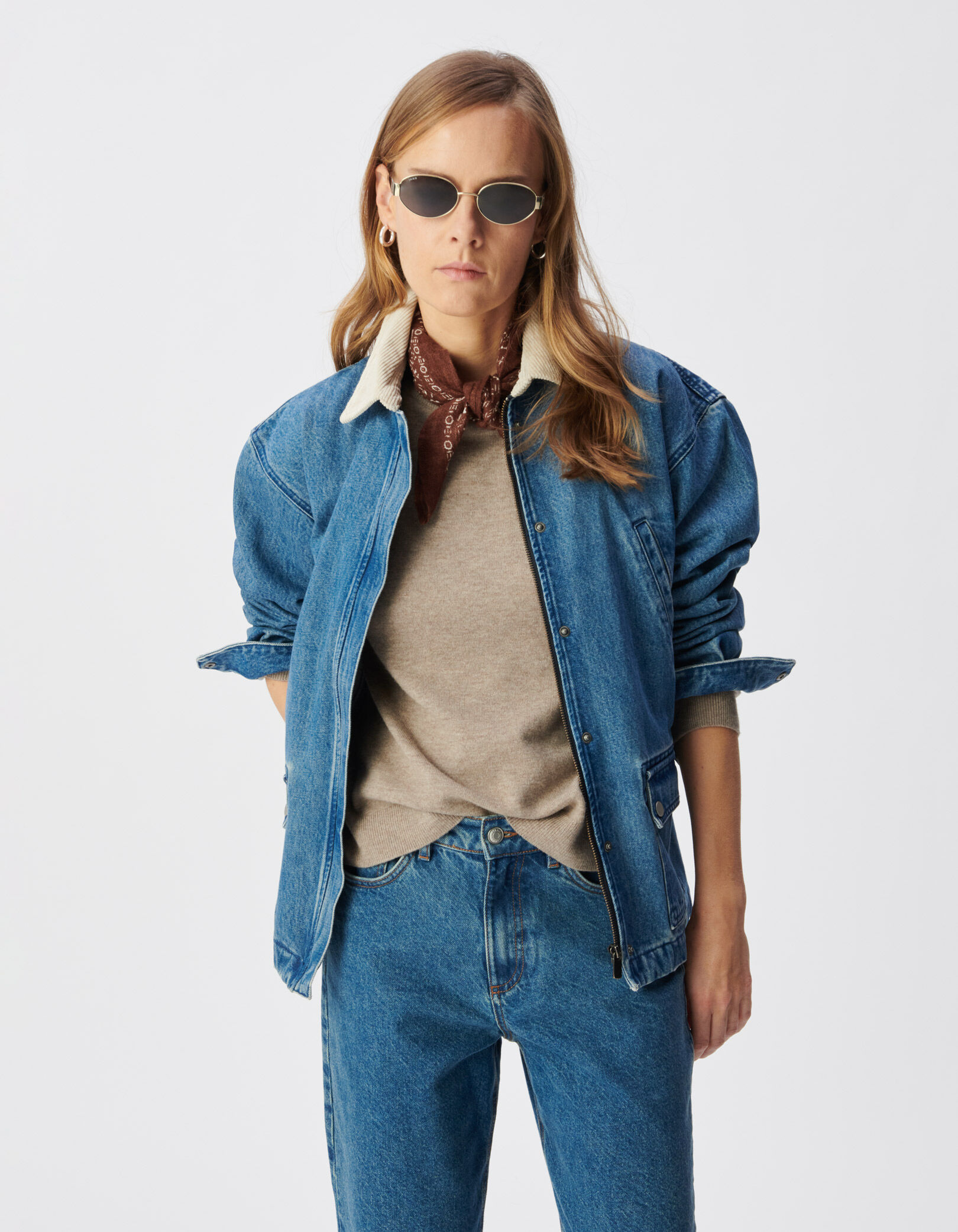 Veste en jean bleu col velours écru Femme