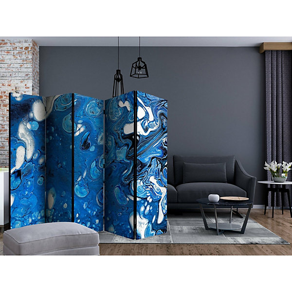 Paravent Flux Bleu II Décoratif et Fonctionnel 5 Panneaux 225 x 172 cm Blanc et Gris