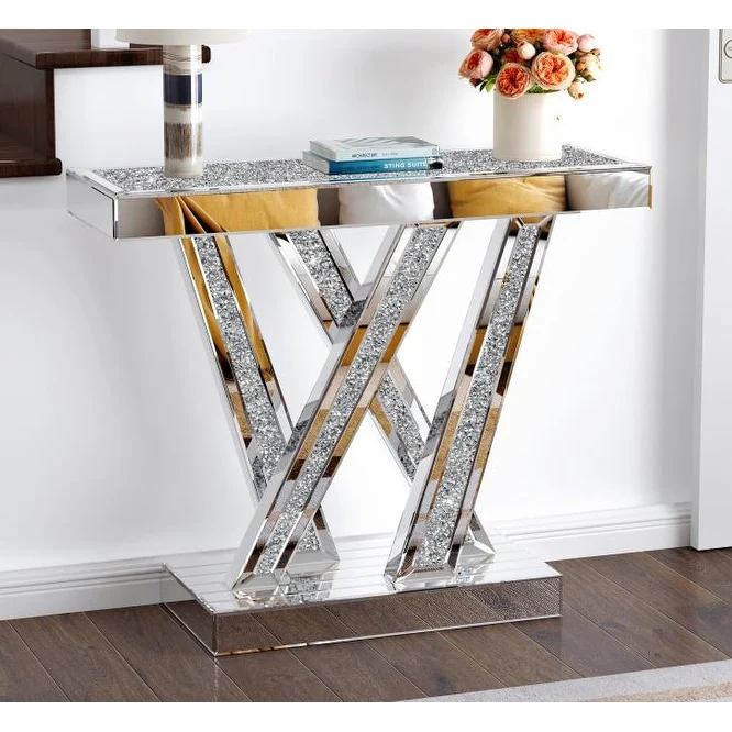 Modern Console Table Silver Entryway Table Inlay with Crushed Diamond