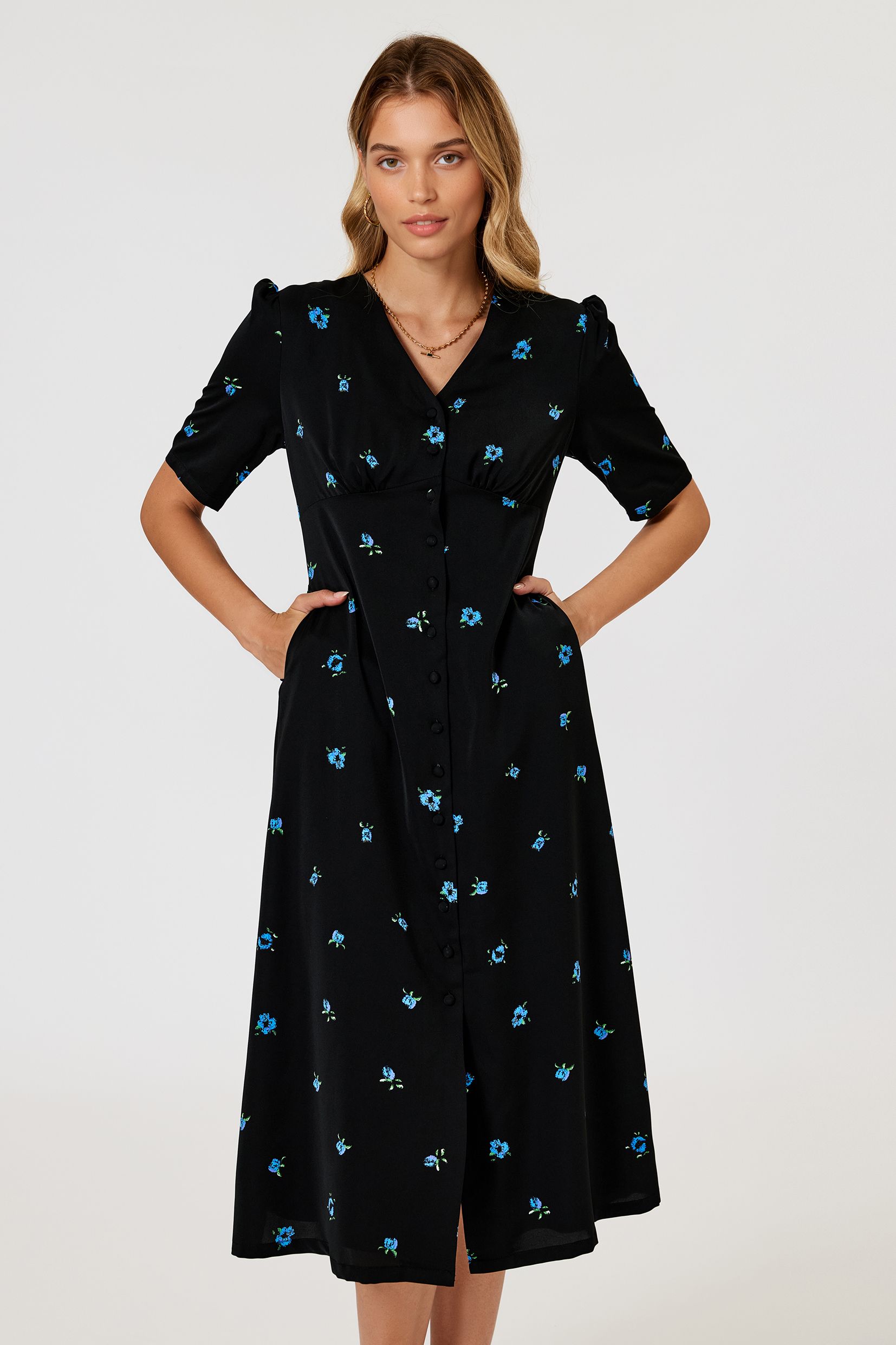 FS Collection Blue Floral Print Button Front Midi Dress In Black
