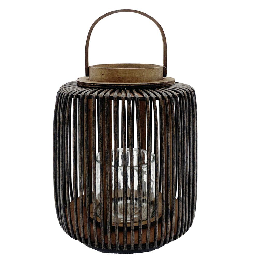 Lanterne ajourée métal et bois noir et marron Ø19,5xH30cm