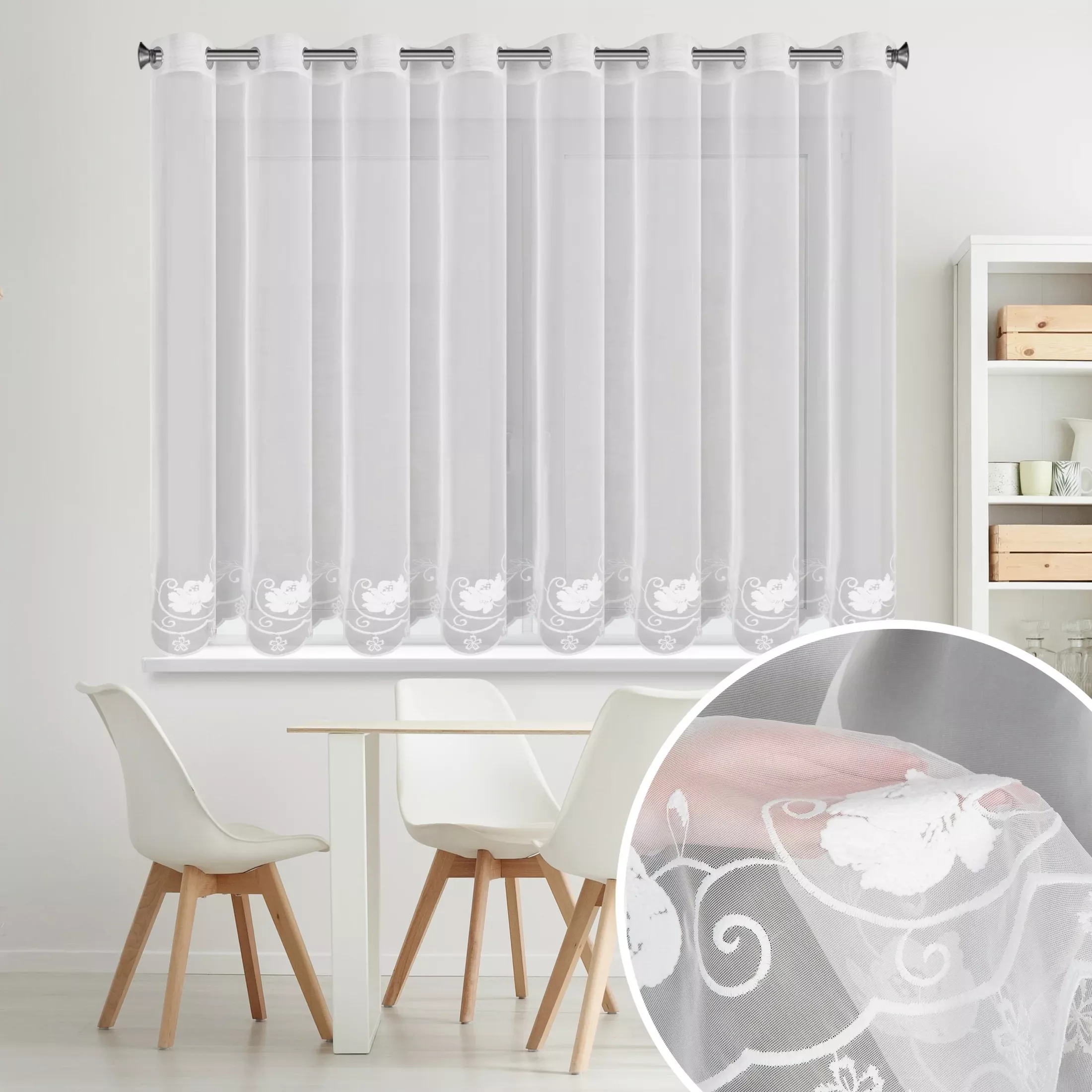 Firana biała z drobnej siateczki zdobiona subtelnym haftem 350x160 cm przelotki - LETI
