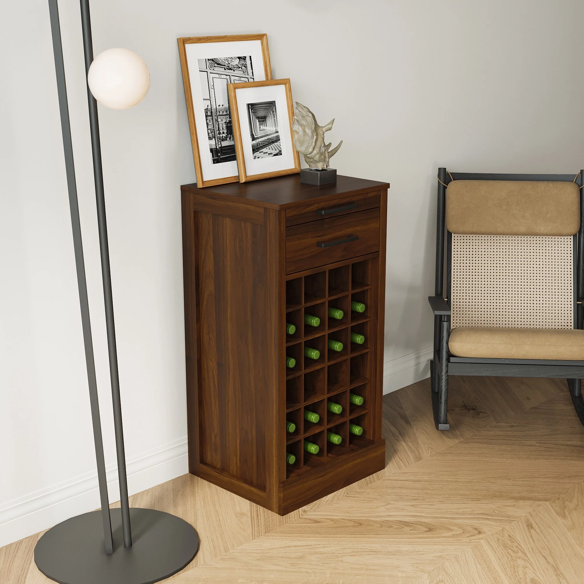 Brown Walnut Color Modular Wine Bar 28 Bottle Buffet Storage Cabinet - 15.95 x 17.80 x 35.43