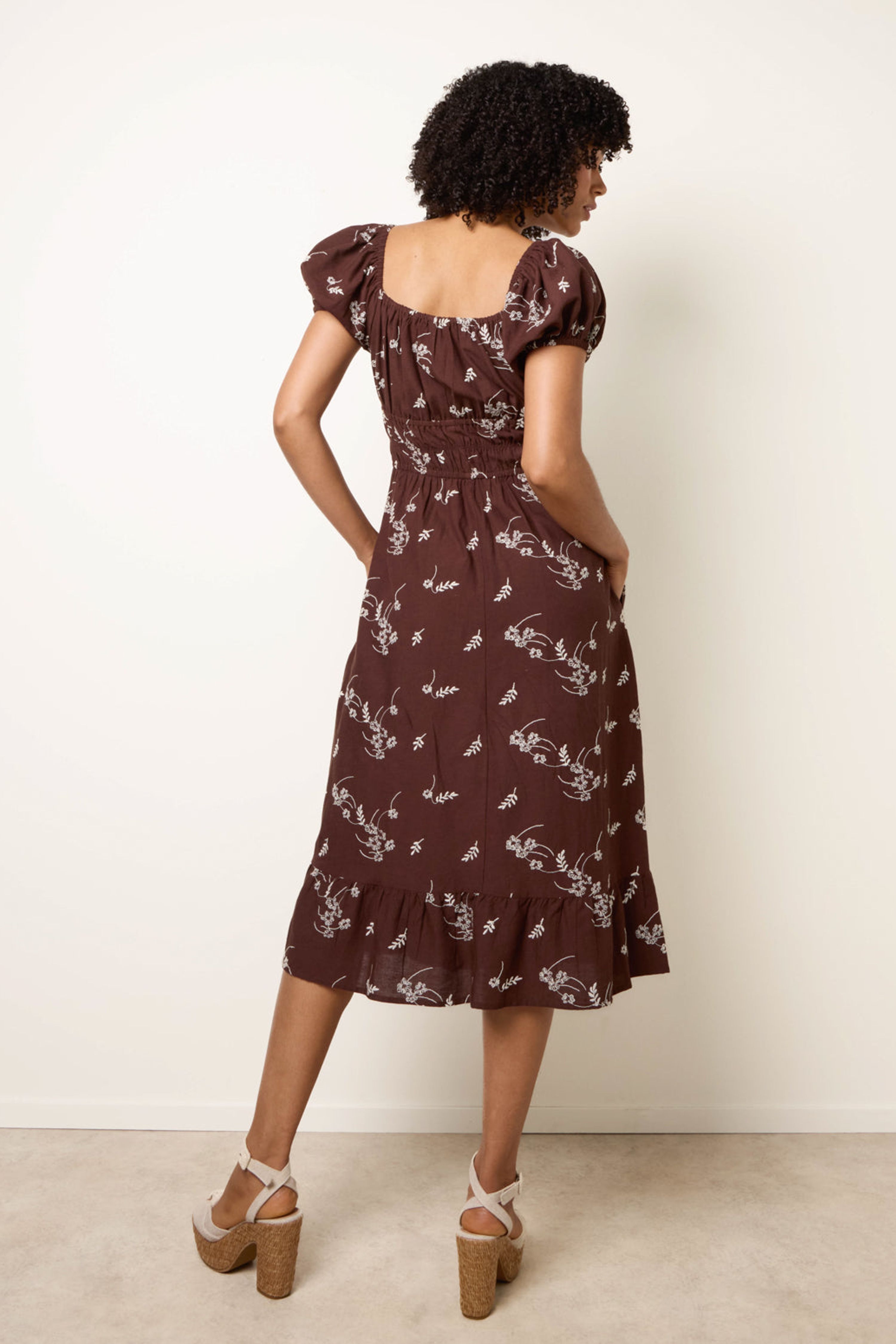 Blue Vanilla Brown Embroidery Milkmaid Midi Dress