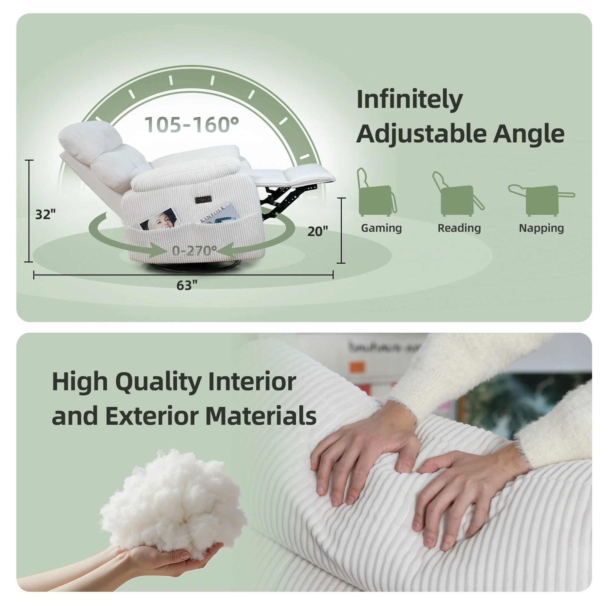 Power Swivel Rocker Recliner Chair with USB and Type-C Ports - 270° Swivel, Infinite Recline, Ergonomic Cushioning