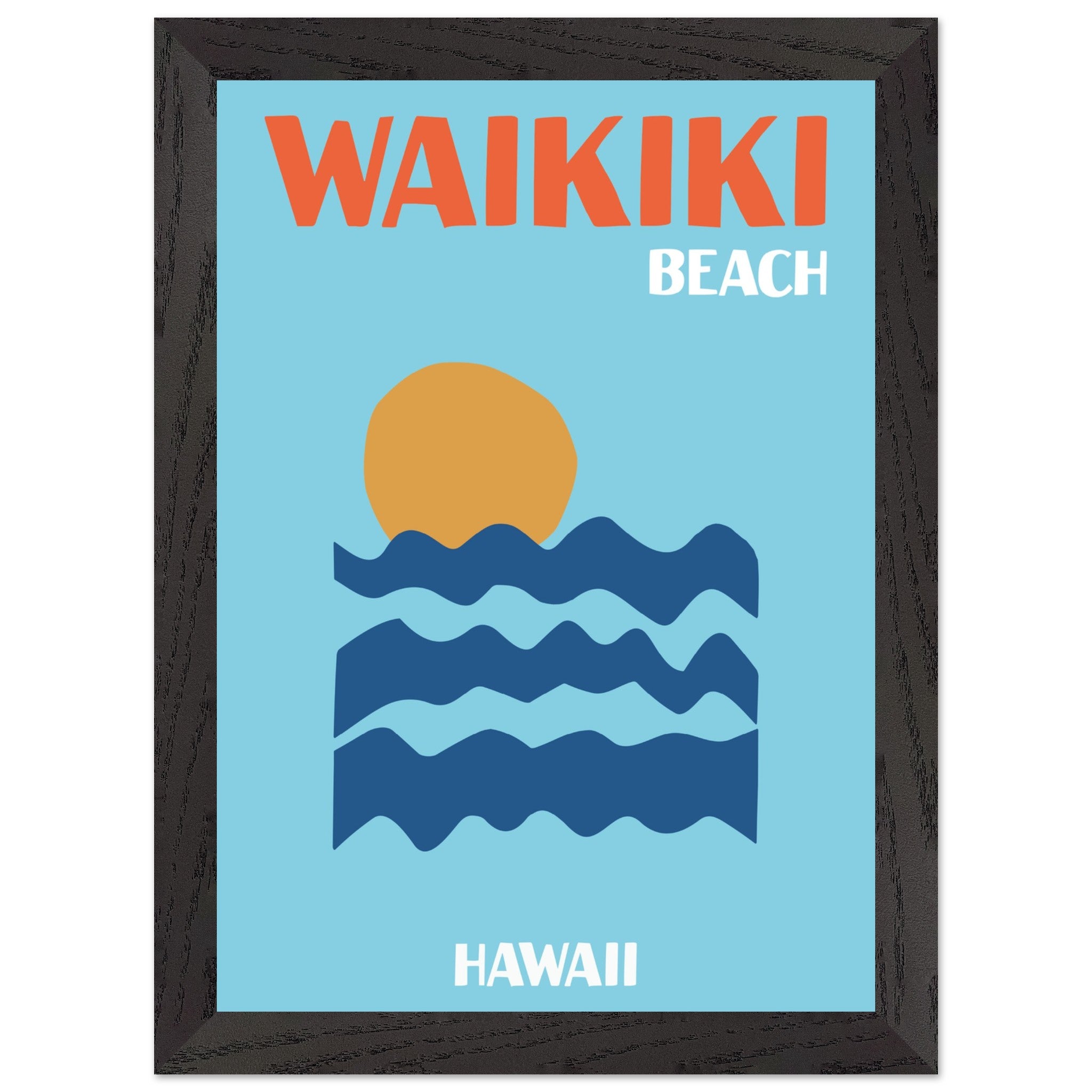 Artfulprints Poster met Lijst Hawaii - Waikiki Beach  - A4 21x29.7 cm - Blauw