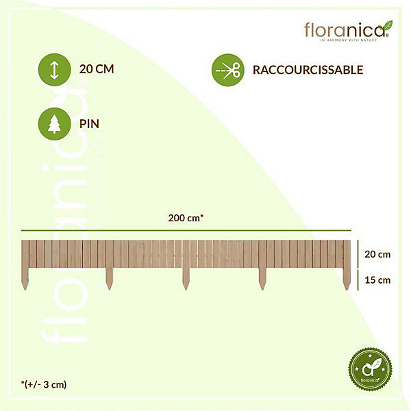 Floranica Bordure de jardin en bois flexible 20 x 200 cm Non-traité avec piquets, idéale pour délimiter pelouse et massifs de fleu