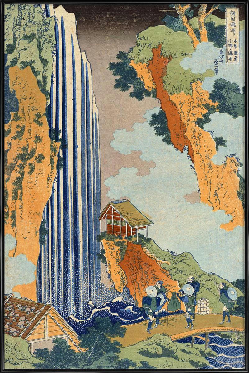 HOKUSAI - ONO WATERFALL, THE KISO HIGHWAY - Affiche dans cadre standard (noir) blanc ivoire & bleu 40x60