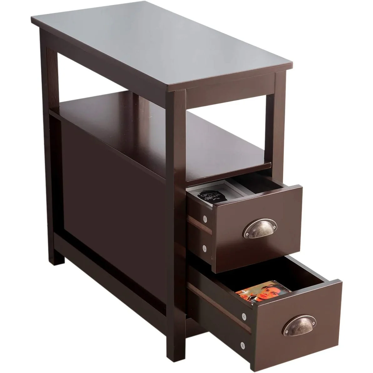 Side Table Living Room Narrow Rustic End Table Bedroom with 2 Drawers and 1 Open Shelf for Small Space - N/A