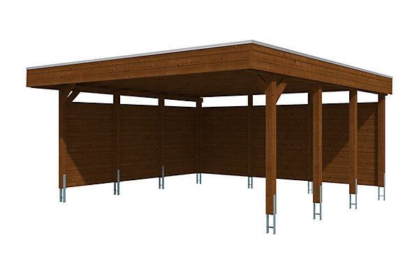 Carport SKAN HOLZ Friesland Set C, 546 x 555 cm, avec parois latérales et paroi arrière, noyer