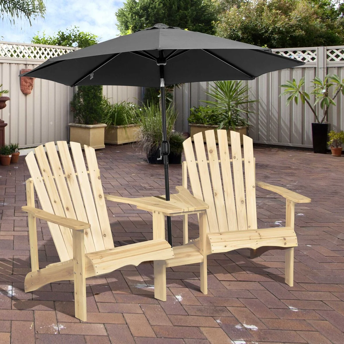 Patio Wooden Adirondack Chair for Two, Outdoor Fire Pit Chair Set with Table & Umbrella Hole