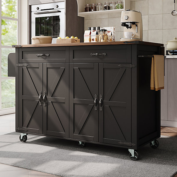 Îlot de Cuisine Mobile Multifonction avec Plan Extensible, 4 Portes, 2 Tiroirs, Grand Rangement, MDF et Métal, Noir, 140x72x93 cm