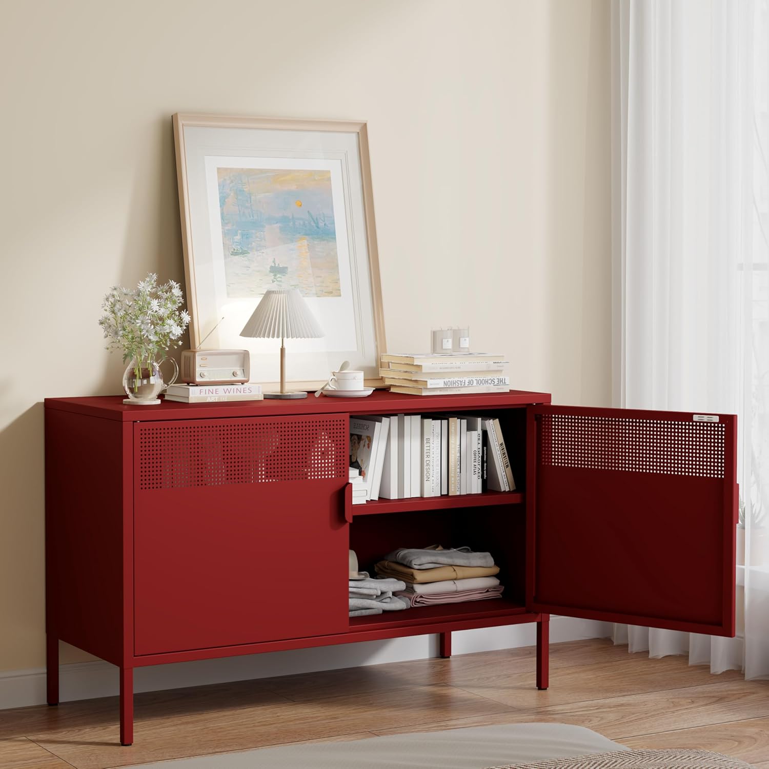 Metal Storage Cabinet with 2 Doors & Adjustable Shelves, 25 H Red Accent Cabinet, Metal Locker Storage Cabinets, Tv Stand Cabinet for Home, Office, Living Room, Entryway