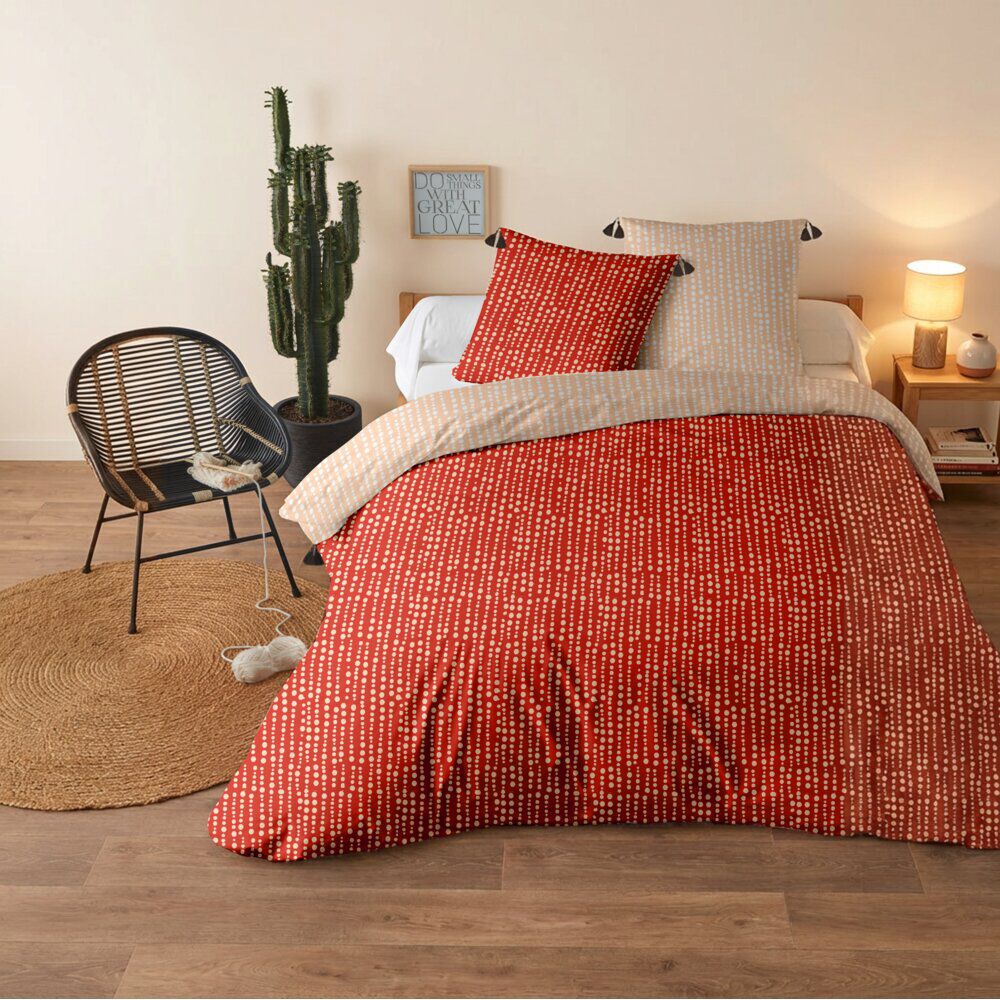Parure de lit 2 personnes 220x240cm réversible motifs et pompons