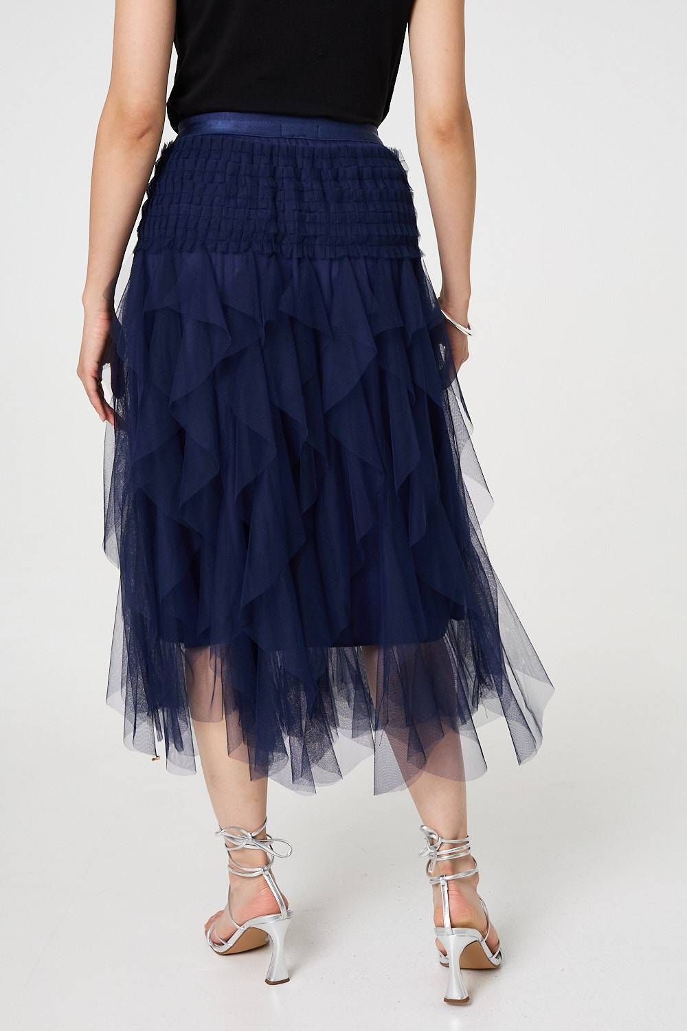 Izabel London Ruffled Sheer Mesh High Waist Midi Skirt