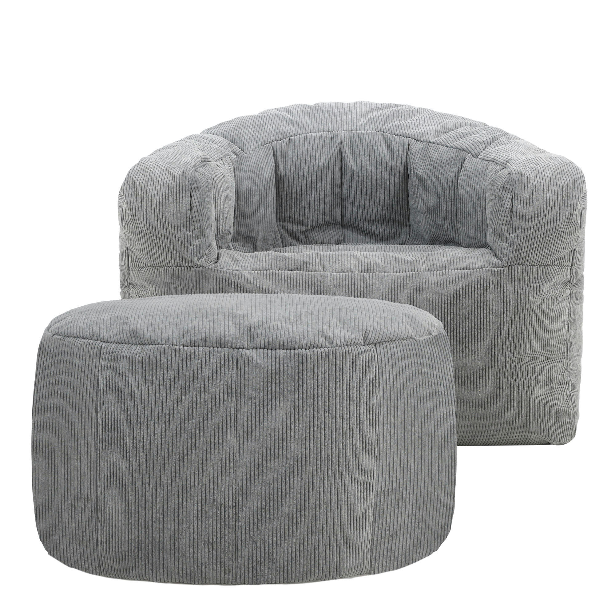 CLARA - Pouf fauteuil en velours côtelé et repose-pieds en demi-lune gris
