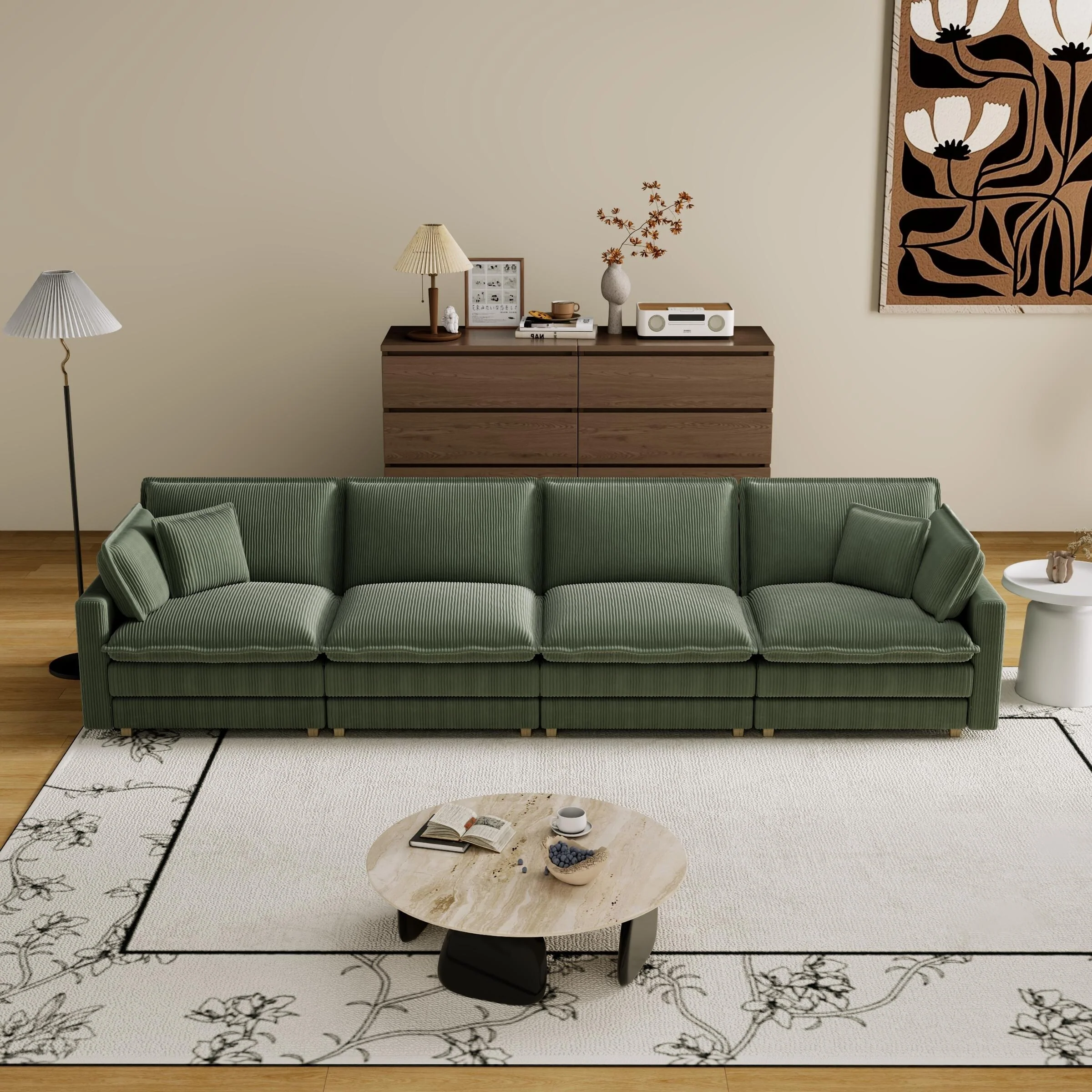 Modern Deep Seat Sofa with Corduroy Cushion and Removable Ottoman and 4 Pillow for Living Room or Guest Room