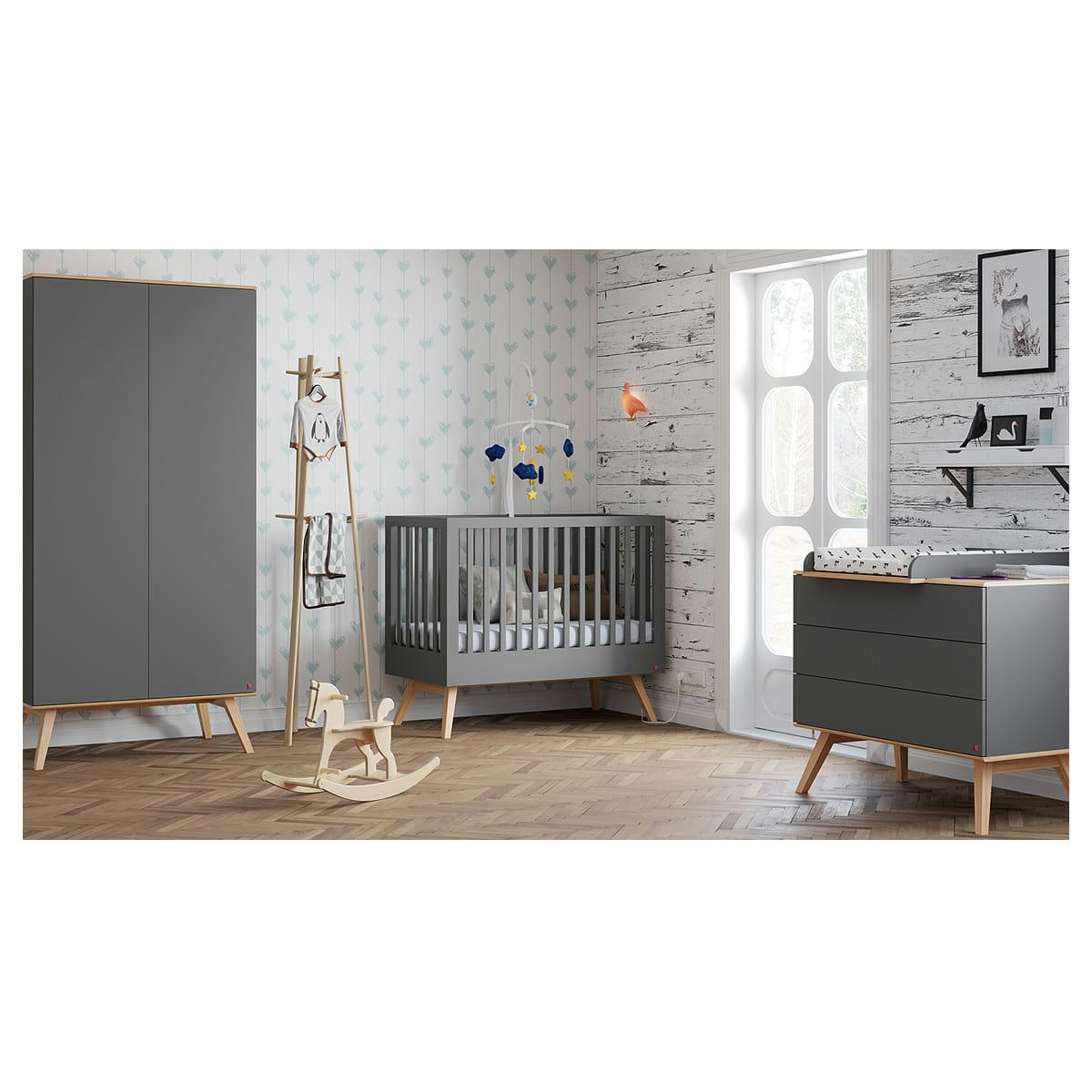 TRIO - NATURE - Chambre bébé : Trio - lit bébé 60x120 commode armoire gris