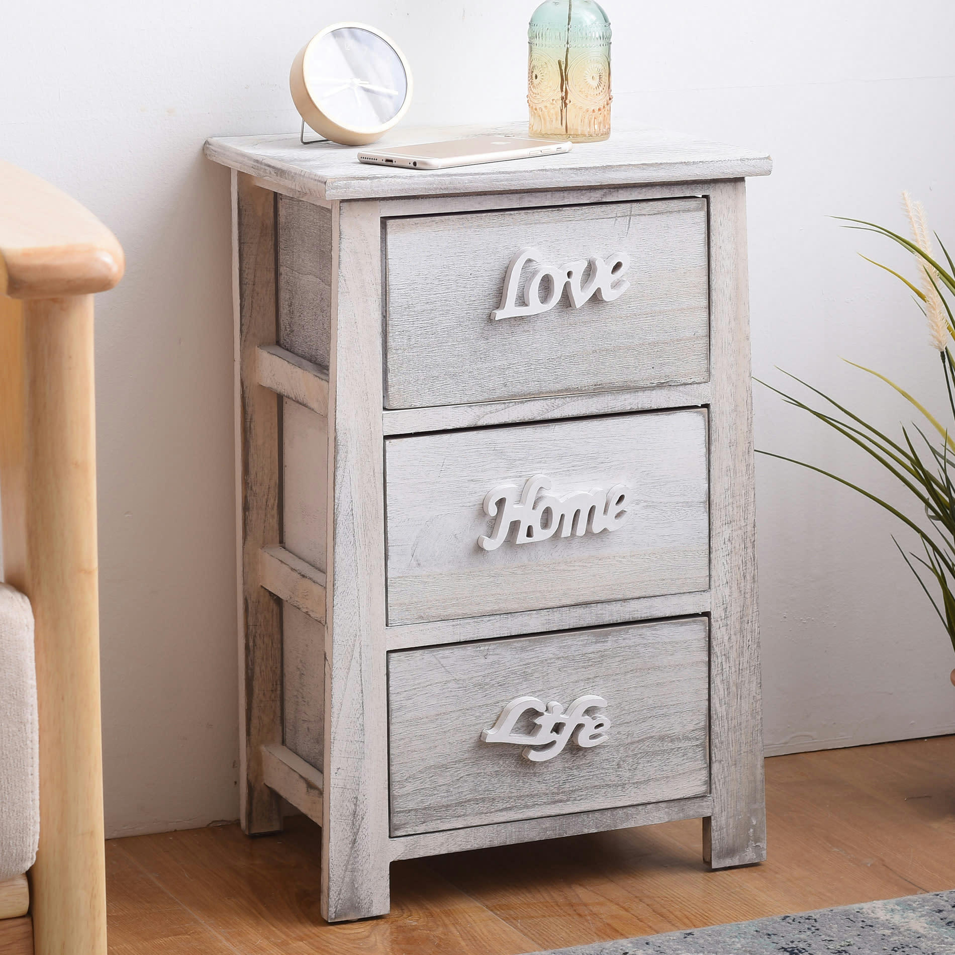 - Table de chevet avec 3 tiroirs en bois blanc