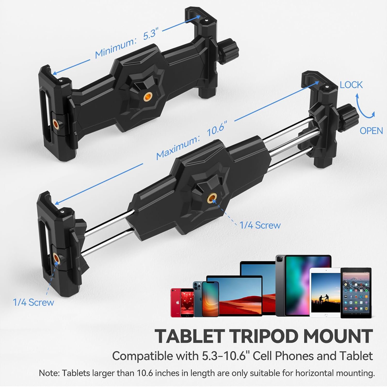 KDD iPad and Phone Tripod Mount Adapter with Ball Head, iPad Holder for Tripod, 360 Rotatable Tablet Clamp Mount fits iPad Pro 12.9, Air Mini 3 4, Galaxy Tab, Surface Pro, Selfie Stick(5.3-10.6)