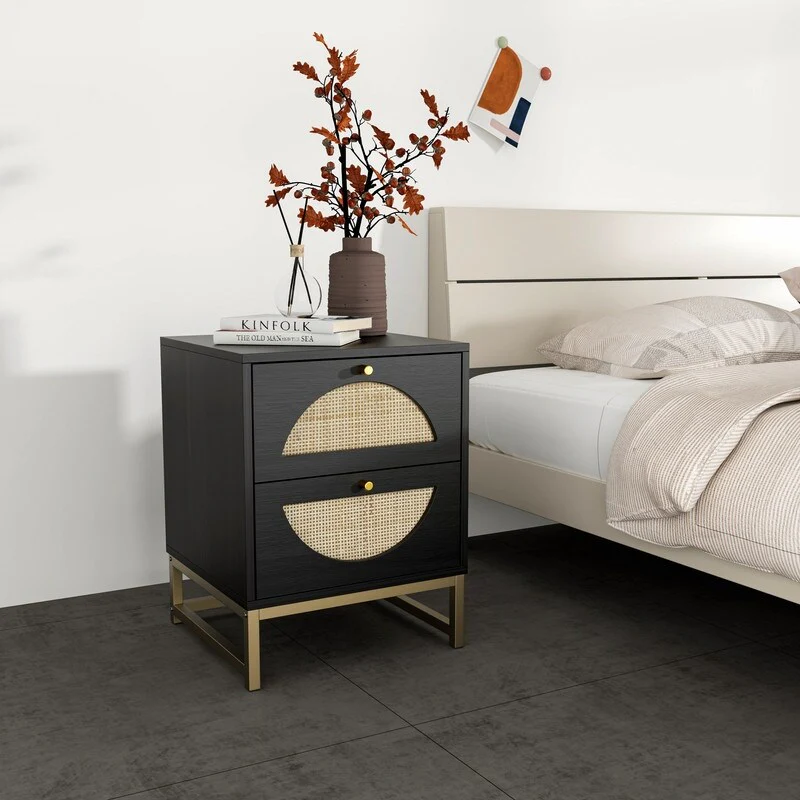 Black Rattan Wood Nightstand with 2 Storage Drawers and Metal Legs