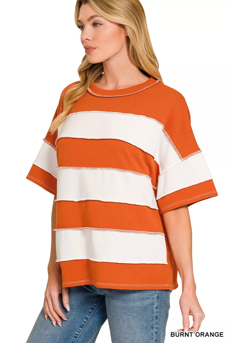 French Terry Striped Exposed Seam Top