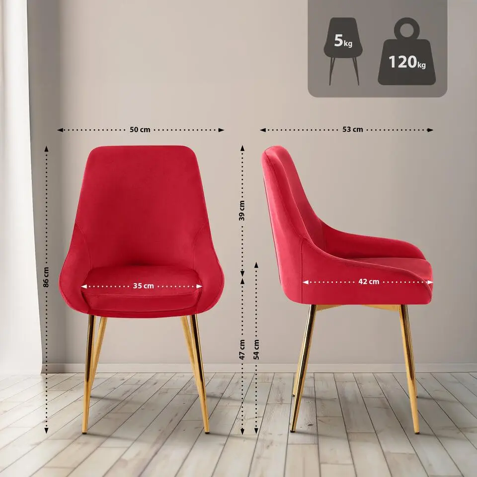 CLP Set van 2 Eetkamerstoel Elmira zwart Frame - Fluweel - rood