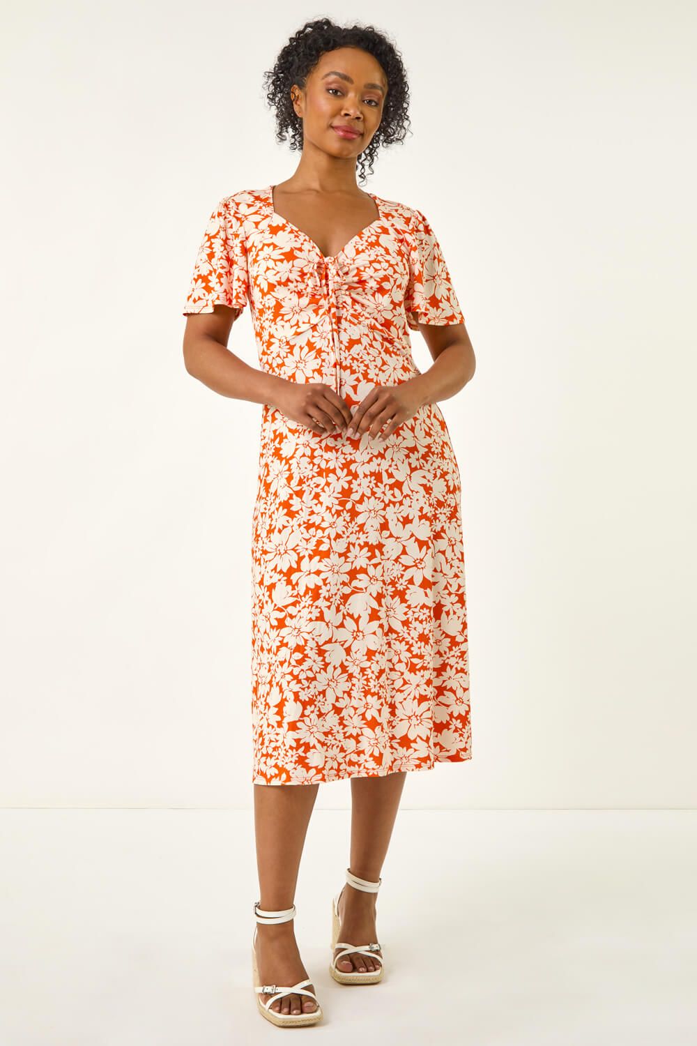 Roman Petite Floral Ruched Midi Dress