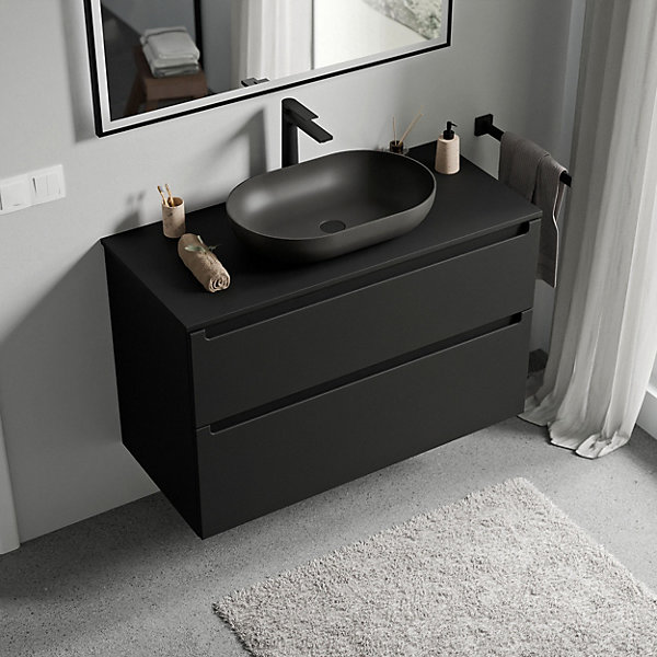 Meuble sous vasque suspendu MDF Noir mat, plan vasque Noir mat, tiroirs pivotants - 100x46x62cm - VIREO