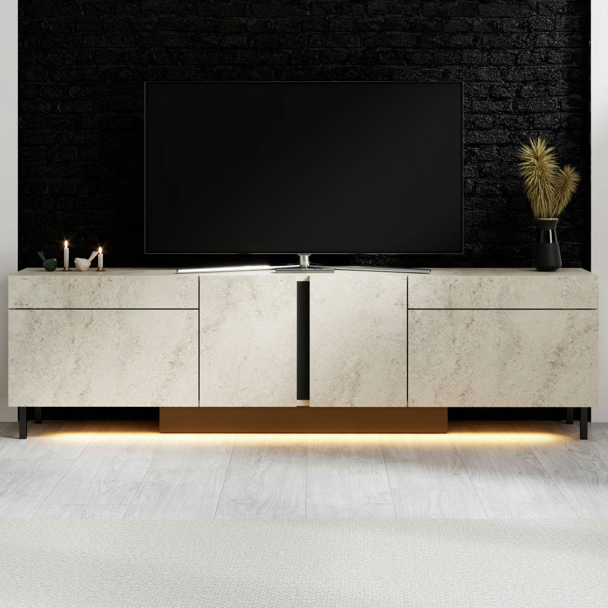 Meuble TV 4 portes décor travertin LED à télécommande AURA