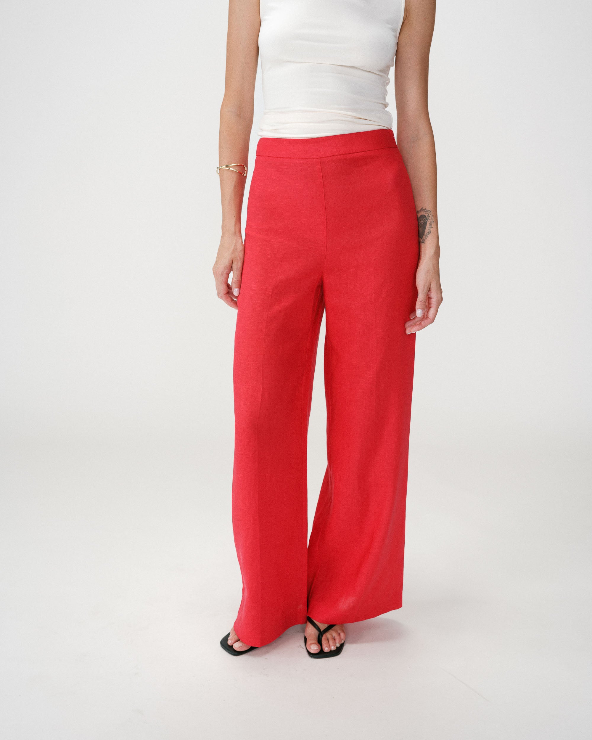 Pantalon taille haute jambes larges en lin rouge Wesley