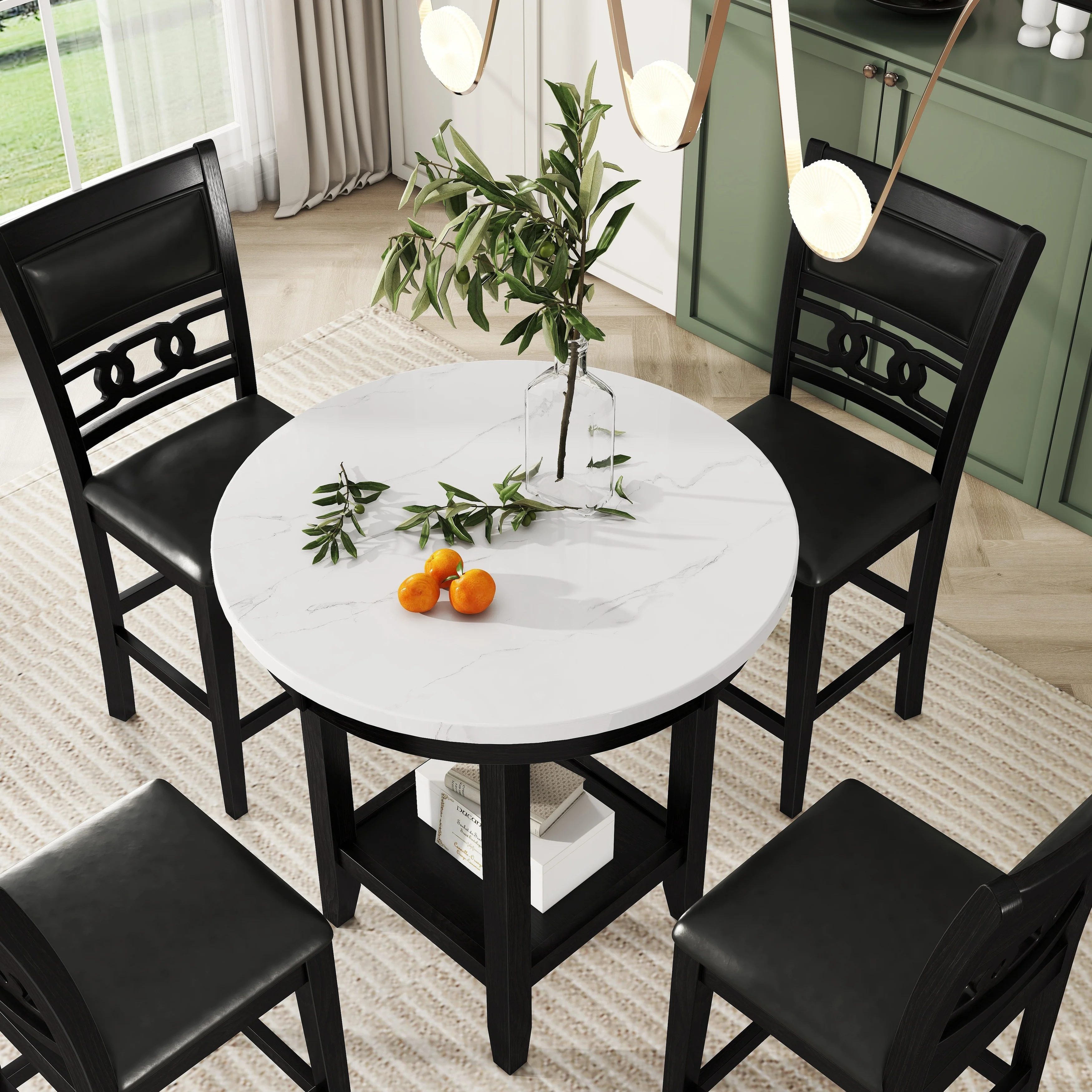 Modern Style 5-Piece Dining Set with Round Counter Height Table and 4 PU-leather Decorative Dining Chairs