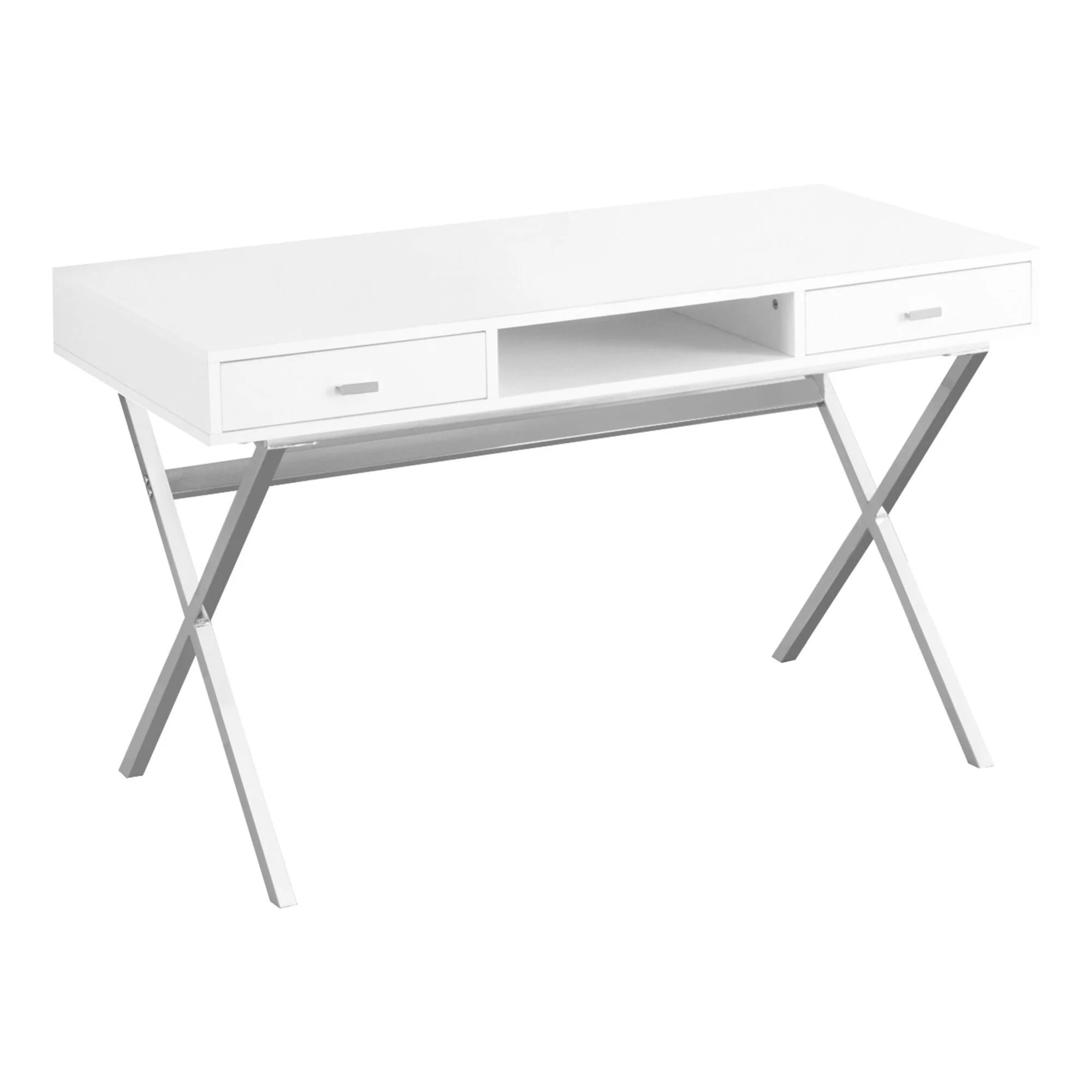 White Wood Computer Desk with Silver Metal Base, 2 Drawers and Glossy Finish
