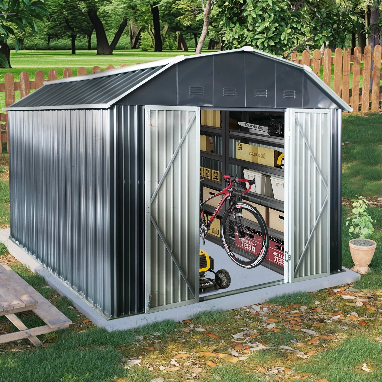 Metal Garden Shed Storage Shed with Lockable Double Doors & Arch Roof Tool Shed, Weather-Resistant Sloped Roof