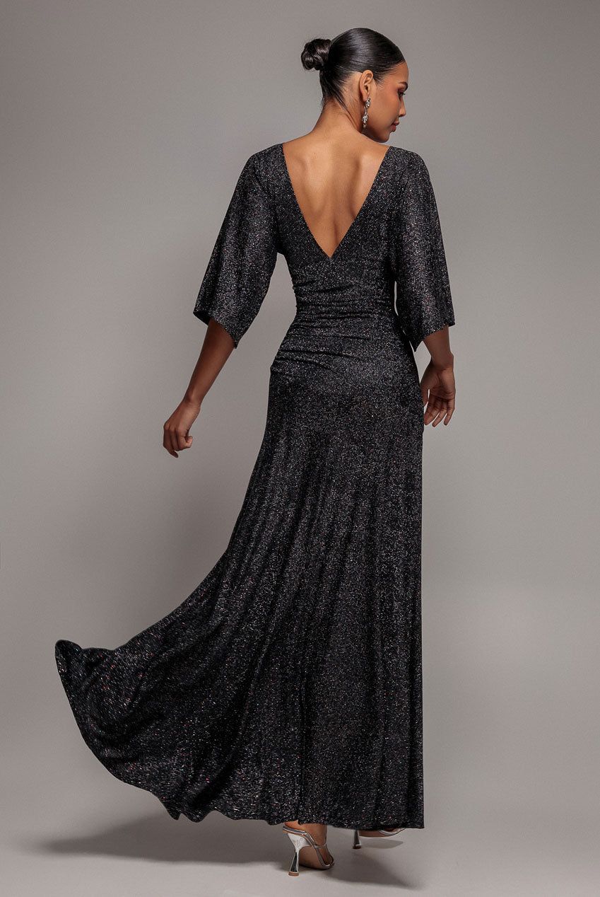 Goddiva Lurex Kimono Sleeve Gathered Waist Maxi Dress