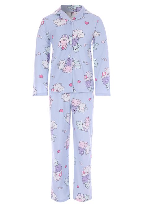 Girls Blue Cat Print Long Pyjama Set