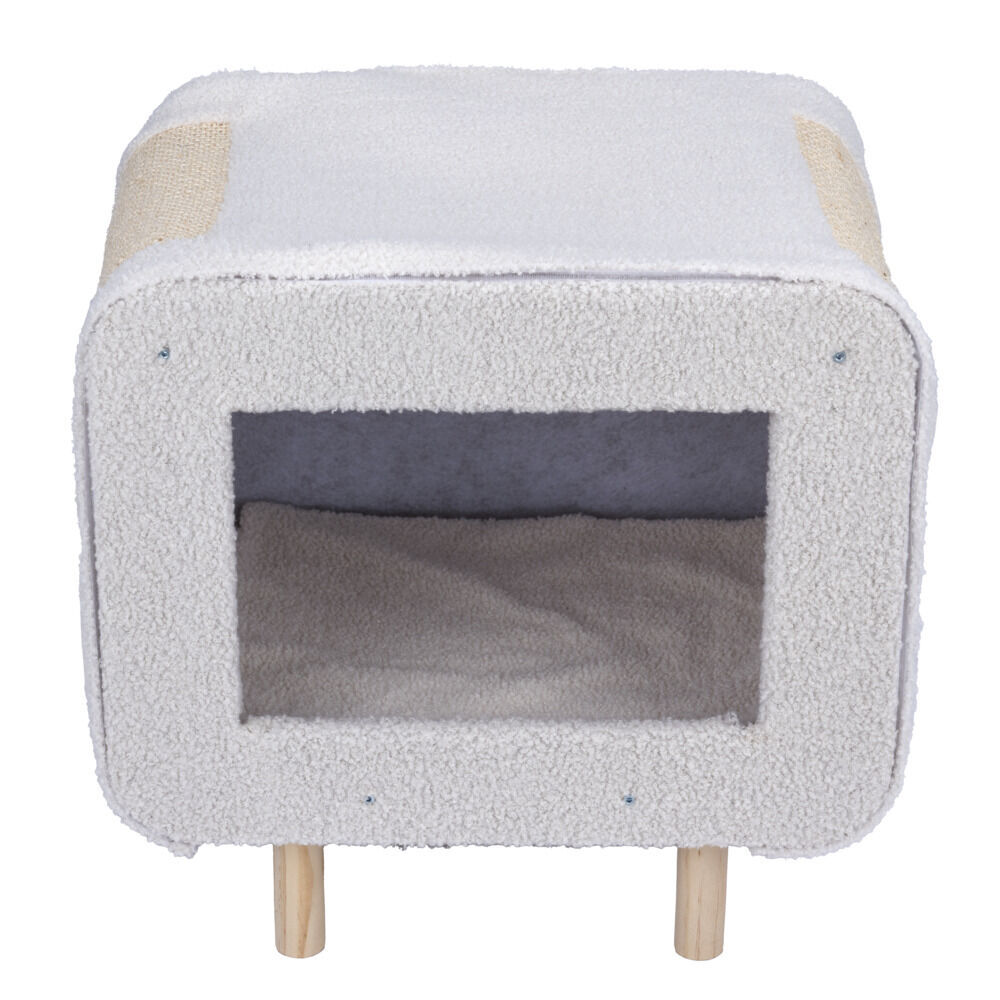 Niche pour chat ou chien en bois et tissu beige avec grattoir 48x48xH38cm