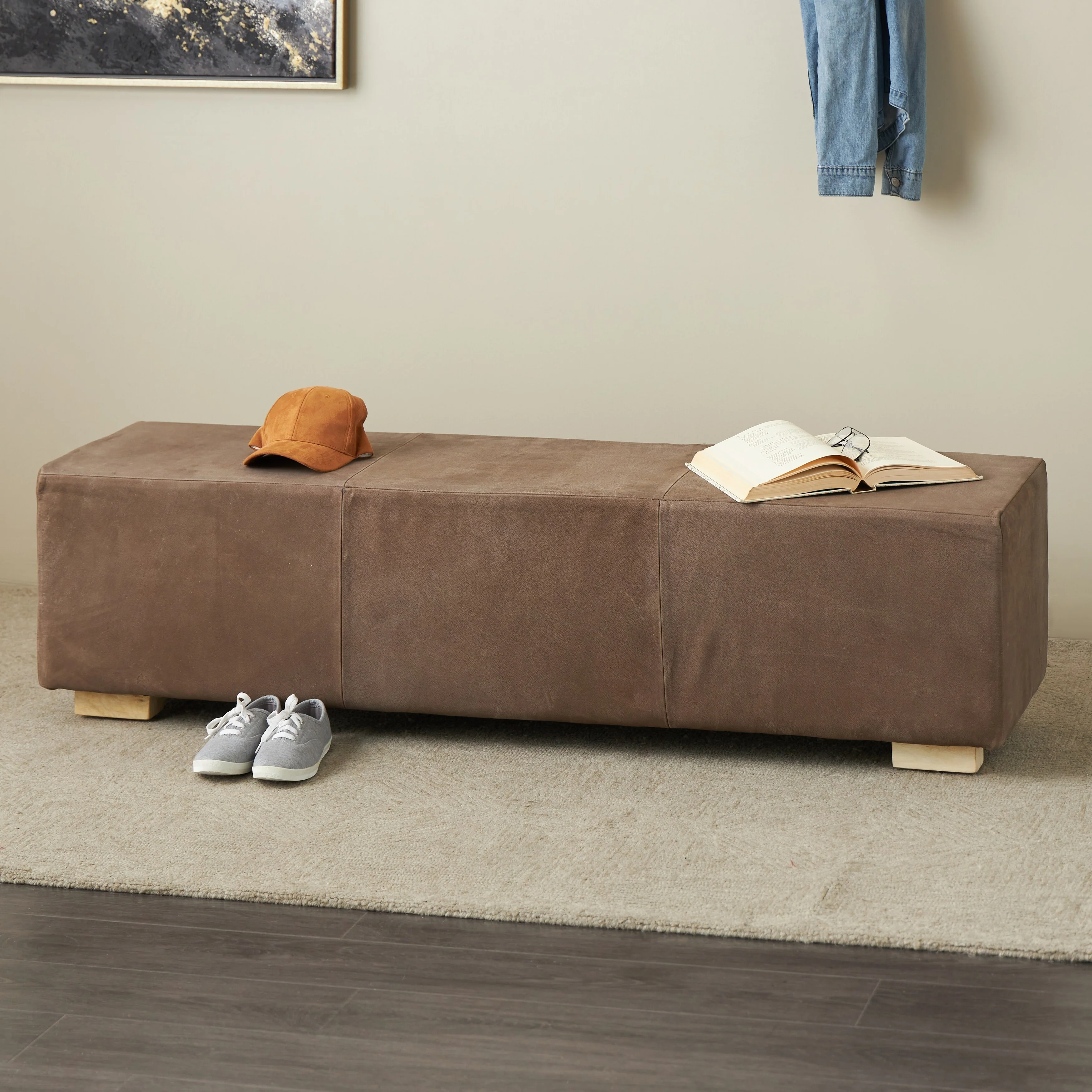 Leather Upholstered Home Bench with Wood Legs - Brown - Roche River Decor