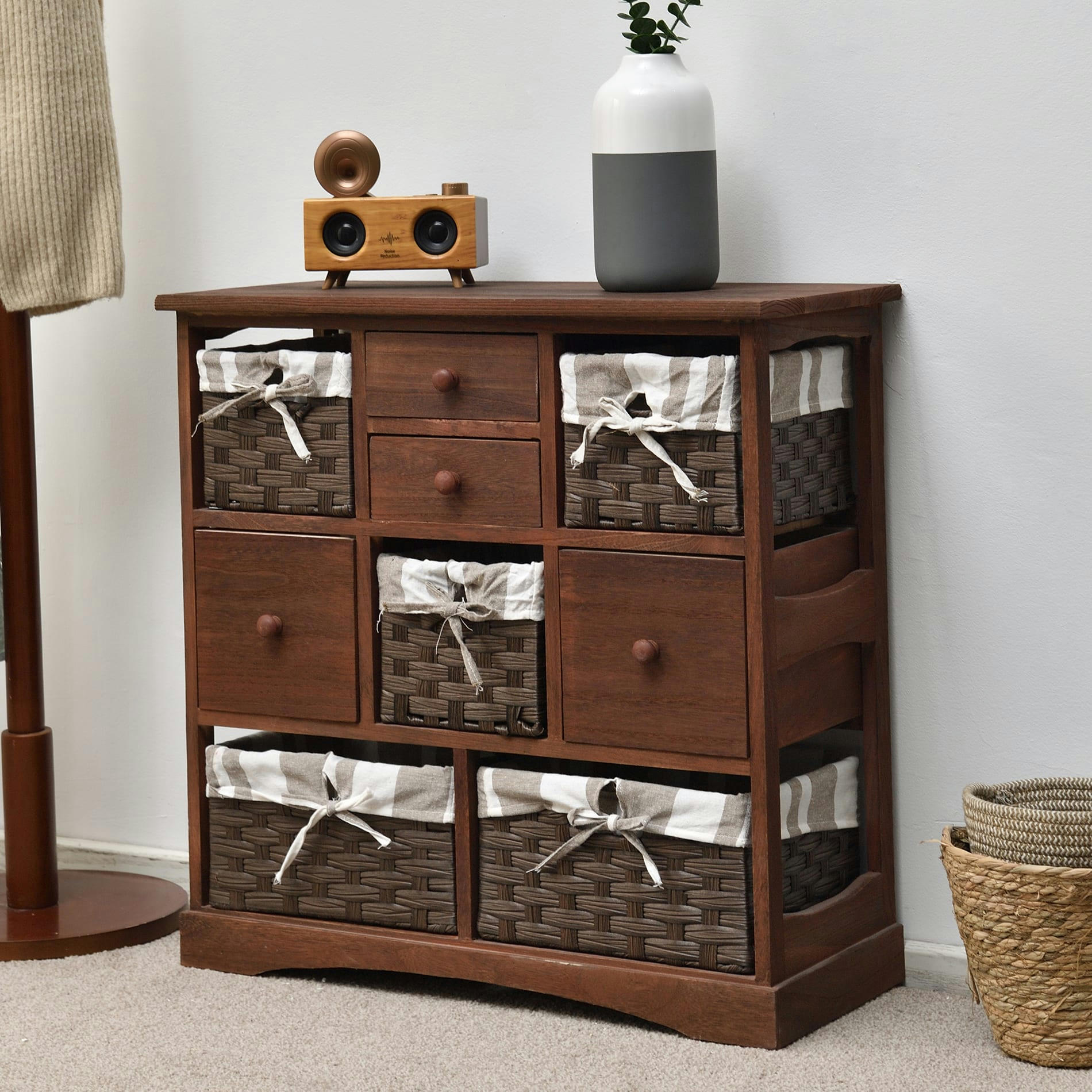 - Commode avec 9 tiroirs en bois de paulownia et tissu marron