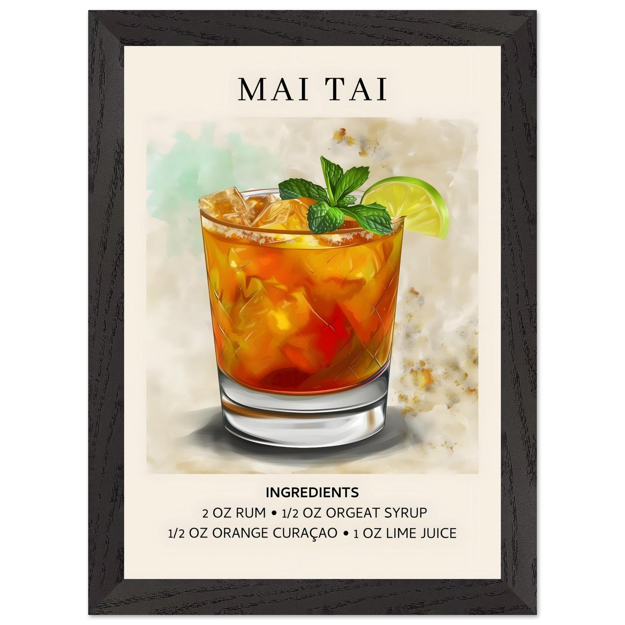 Artfulprints Poster met Lijst Mai Tai Cocktail - Ingrediënten  - A4 21x29.7 cm - Meerkleurig