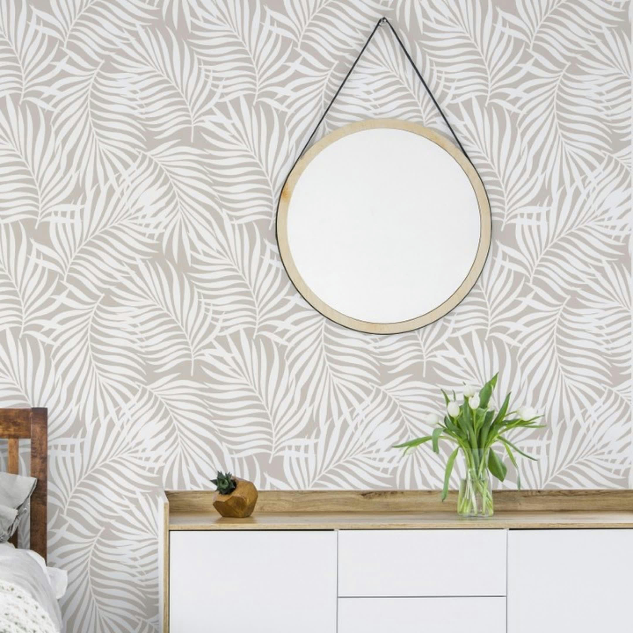 TROPICALEAVES - Papier peint vinyle adhésif tropicale gris tourterelle 50x300 cm