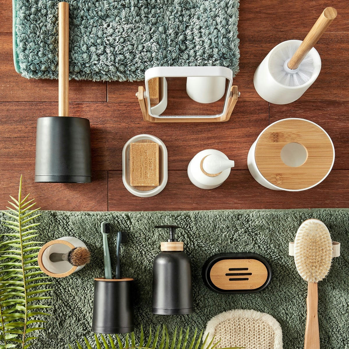 PRIMA - Set de salle de bain 5 pièces en plastique et bambou blanc