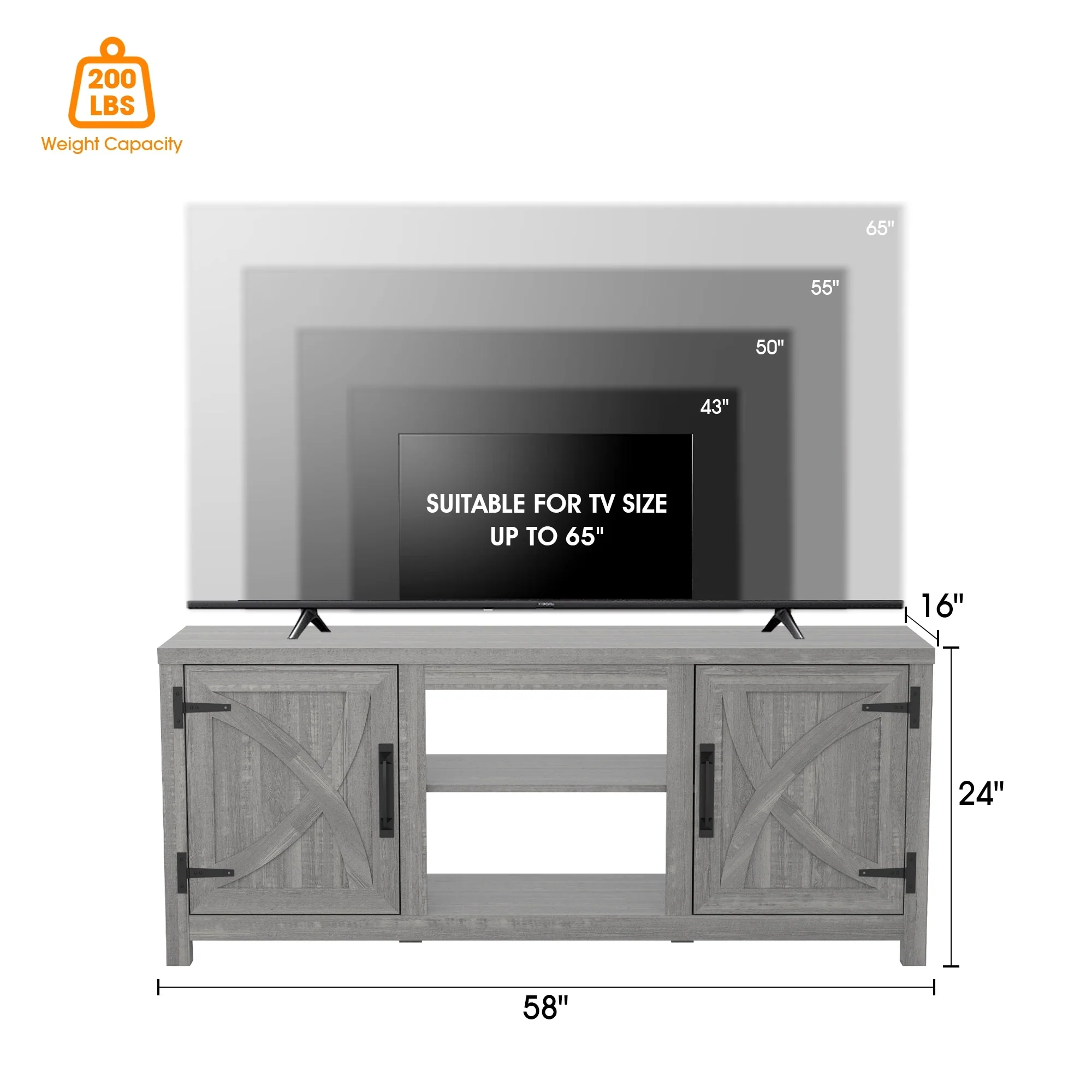 58 Farmhouse Barn Door Entryway Storage Console Table TV Stand - 58 inches in width