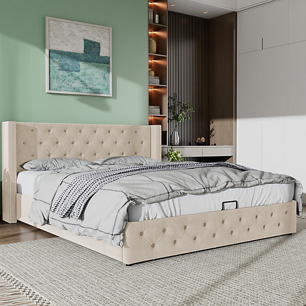 Lit Coffre 180x200 cm - Lit Double avec Rangement Sous Le Sommier, Revêtement Velours, Sans Matelas - Beige