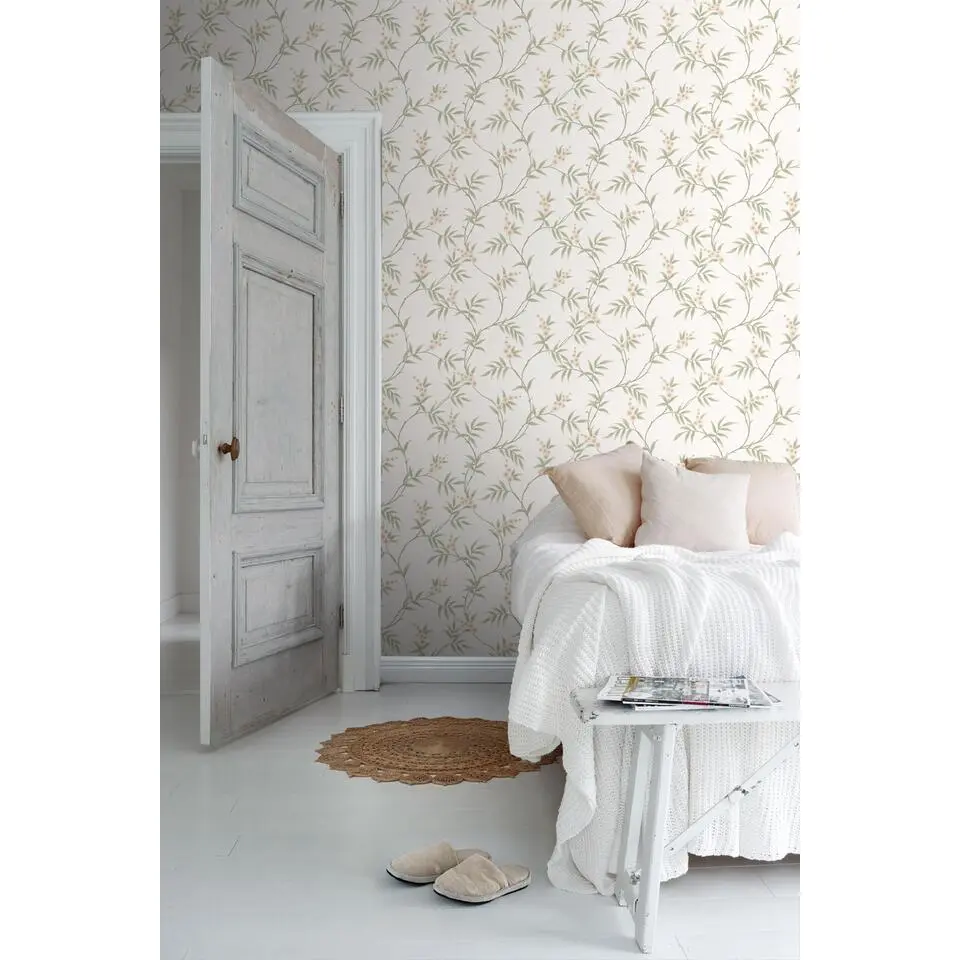 Borastapeter behang bladeren en bloemen groen en wit - 53 cm x 10.05 m