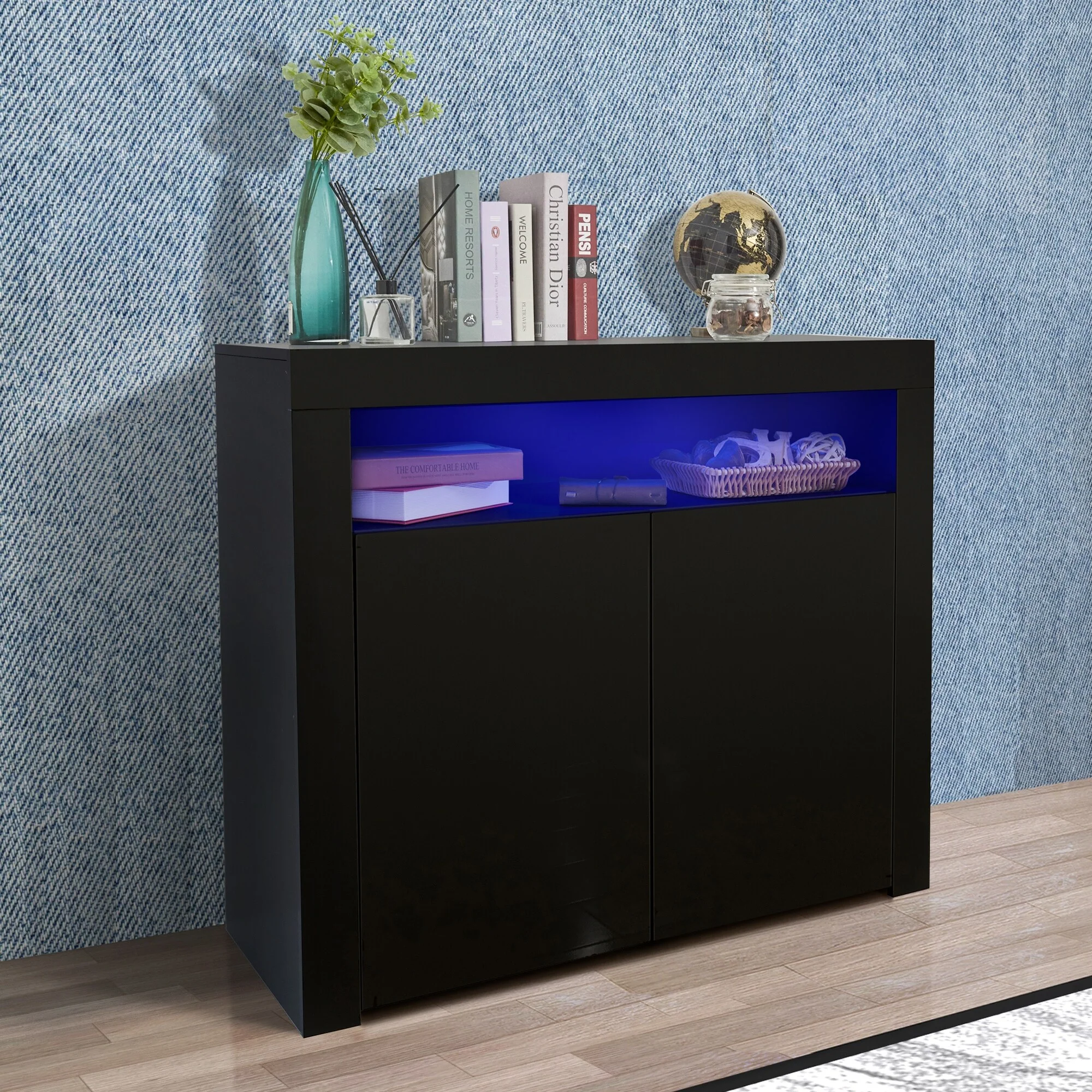 Living Room Sideboard Storage Cabinet Black High Gloss with LED Light, Cupboard Buffet Wooden TV Stand with 2 Doors