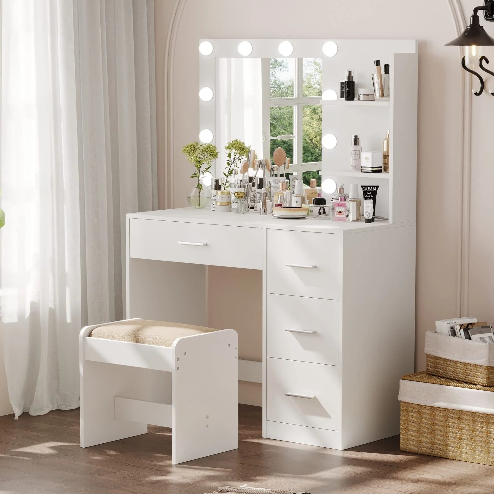 White LED Vanity Desk with Mirror 3 Colors 4 Drawers Storage Dressing Table