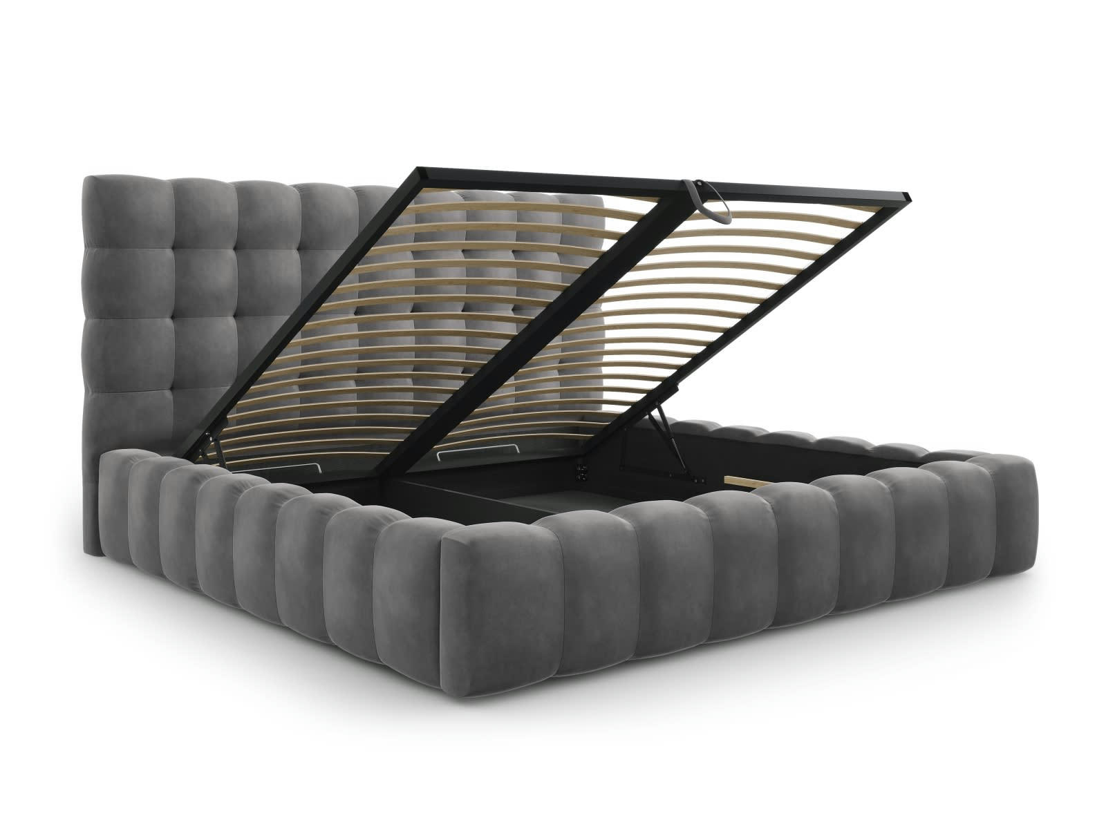 MAMAIA - Lit coffre en avec tête de lit 200x200cm en tissu velours gris