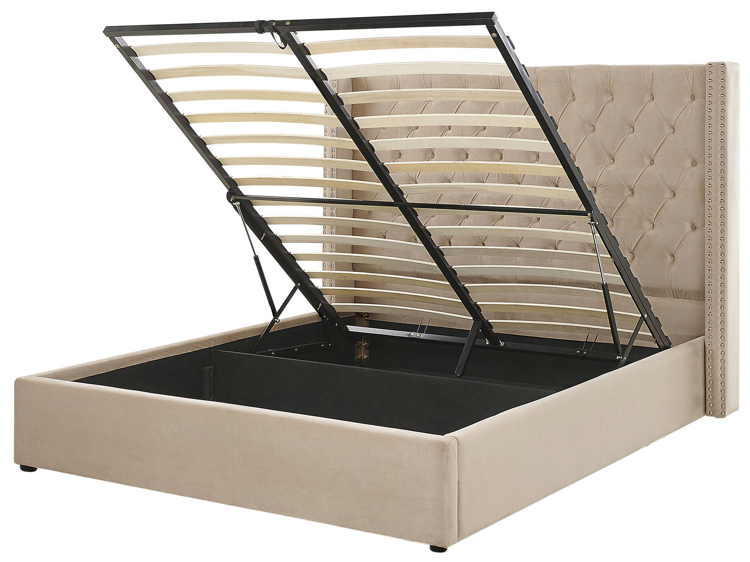 LUBBON - Lit double en tissu beige 160x200